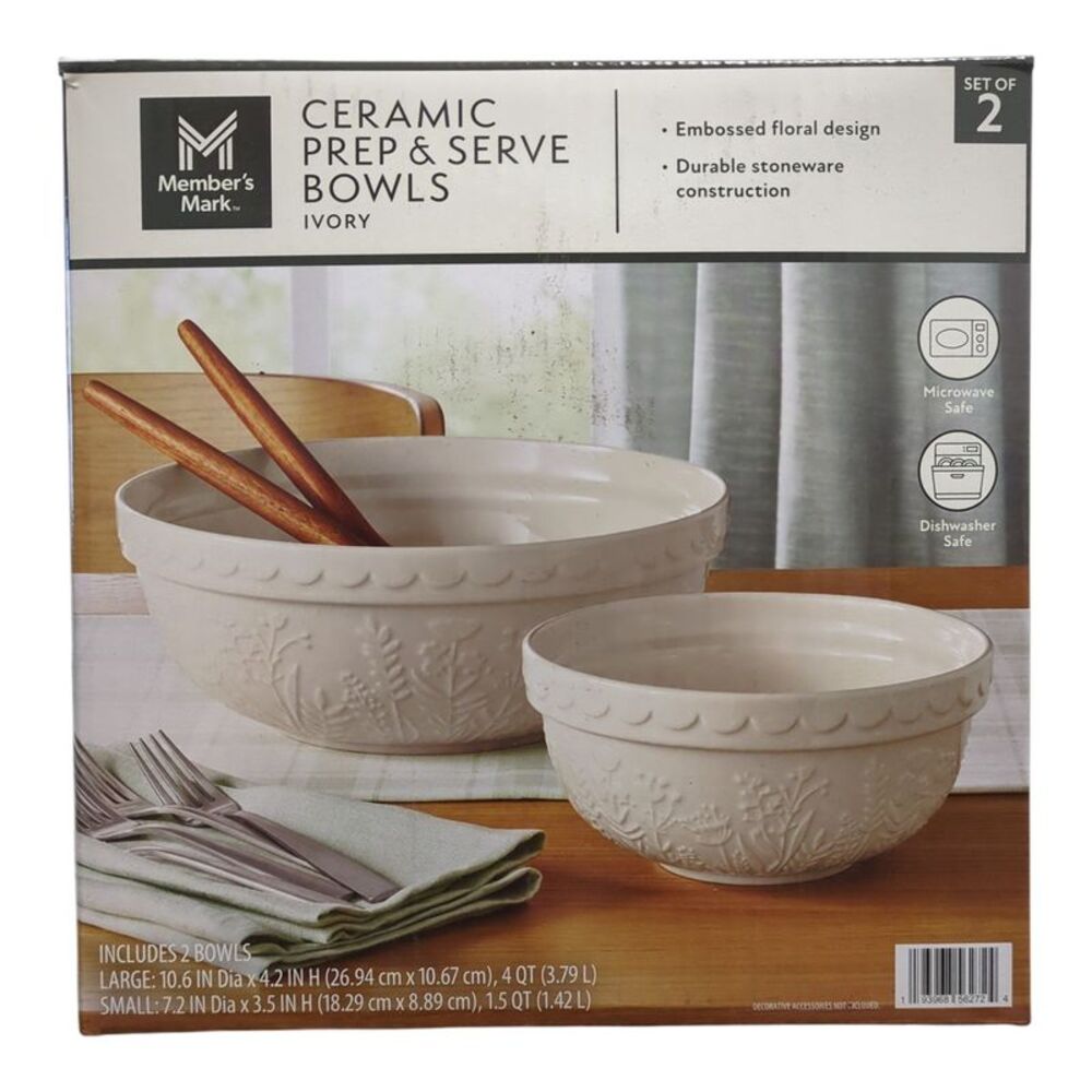 Member's Mark 2-Piece Floral Ceramic Prep and Serve Bowls - Ivory